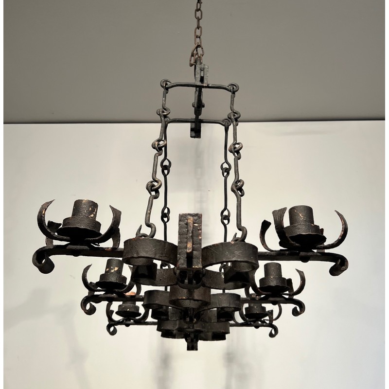 Gothic Style Wrought Iron Rectangular Cage Chandelier with Six Arms of Light, French Work, Circa 1950