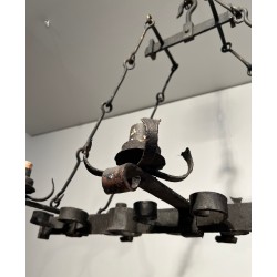 Gothic Style Wrought Iron Rectangular Cage Chandelier with Six Arms of Light, French Work, Circa 1950