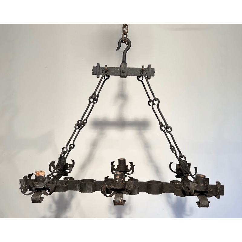 Gothic Style Wrought Iron Rectangular Cage Chandelier with Six Arms of Light, French Work, Circa 1950