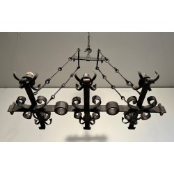Lustre Cage Rectangulaire en Fer Forgé de Style Gothique à Six Bras de Lumière, Travail Français, Vers 1950