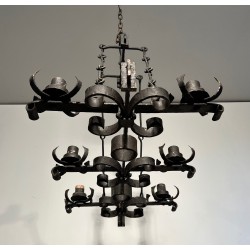Gothic Style Wrought Iron Rectangular Cage Chandelier with Six Arms of Light, French Work, Circa 1950