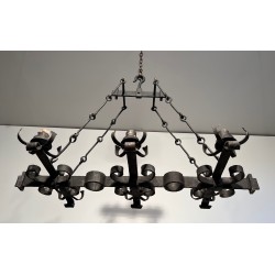 Gothic Style Wrought Iron Rectangular Cage Chandelier with Six Arms of Light, French Work, Circa 1950