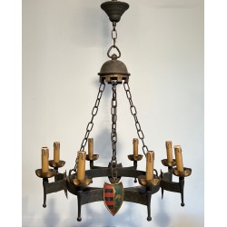 Gothic Style Wrought Iron Chandelier with Eight Arms of Light and Coats of Arms, French Work, Circa 1950