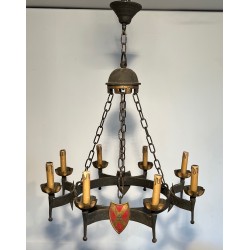 Lustre en Fer Forgé de Style Gothique à Huit Bras de Lumière et Blasons, Travail Français, Vers 1950