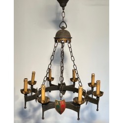 Gothic Style Wrought Iron Chandelier with Eight Arms of Light and Coats of Arms, French Work, Circa 1950