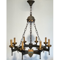 Gothic Style Wrought Iron Chandelier with Eight Arms of Light and Coats of Arms, French Work, Circa 1950