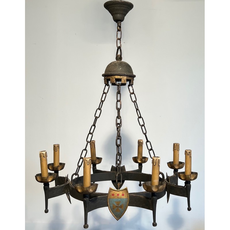 Gothic Style Wrought Iron Chandelier with Eight Arms of Light and Coats of Arms, French Work, Circa 1950