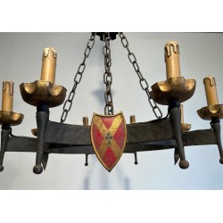 Gothic Style Wrought Iron Chandelier with Eight Arms of Light and Coats of Arms, French Work, Circa 1950
