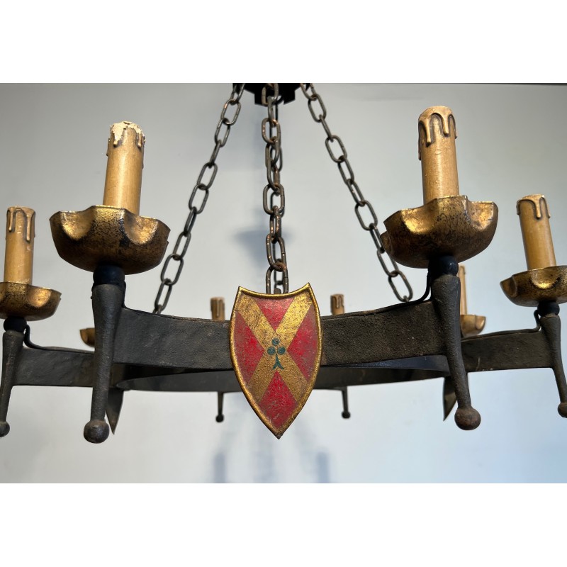 Gothic Style Wrought Iron Chandelier with Eight Arms of Light and Coats of Arms, French Work, Circa 1950