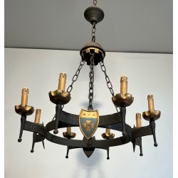 Gothic Style Wrought Iron Chandelier with Eight Arms of Light and Coats of Arms, French Work, Circa 1950