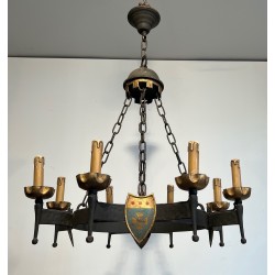 Gothic Style Wrought Iron Chandelier with Eight Arms of Light and Coats of Arms, French Work, Circa 1950