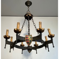 Gothic Style Wrought Iron Chandelier with Eight Arms of Light and Coats of Arms, French Work, Circa 1950