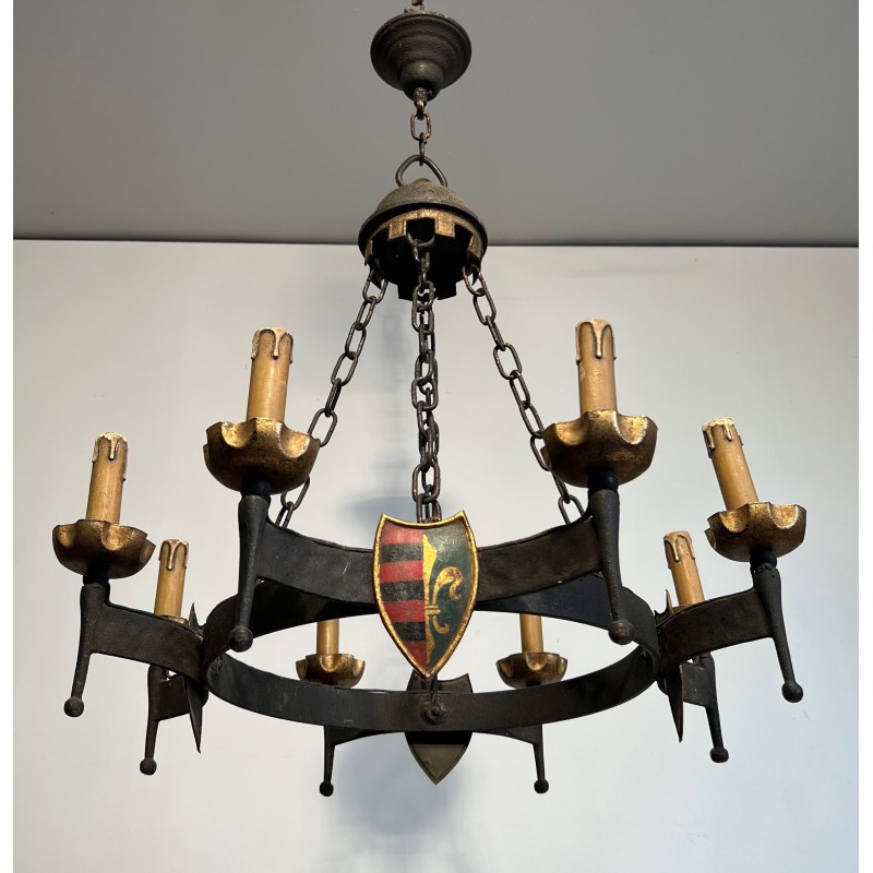 Gothic Style Wrought Iron Chandelier with Eight Arms of Light and Coats of Arms, French Work, Circa 1950
