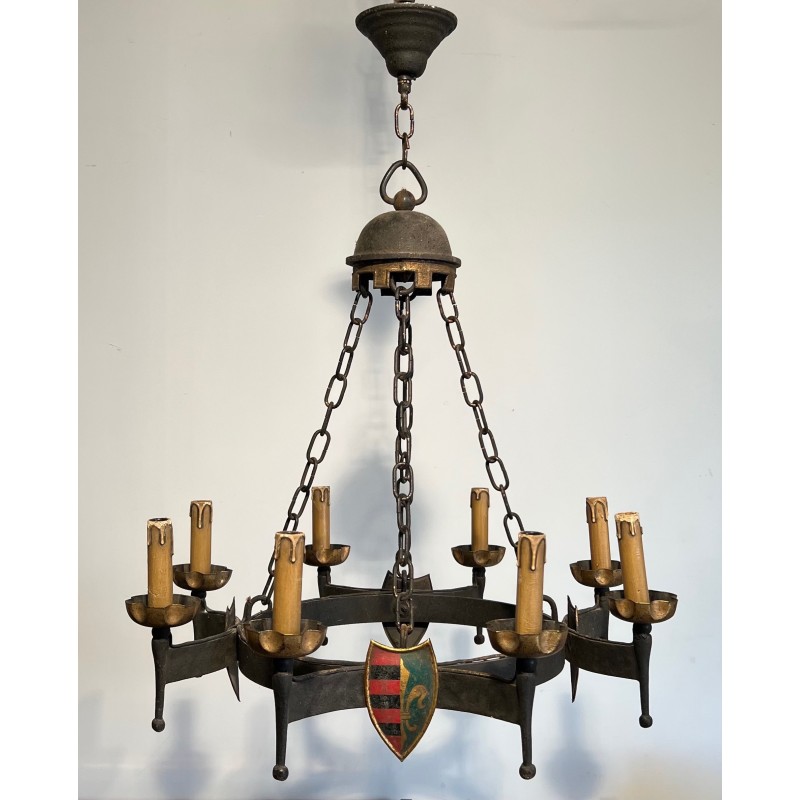 Gothic Style Wrought Iron Chandelier with Eight Arms of Light and Coats of Arms, French Work, Circa 1950