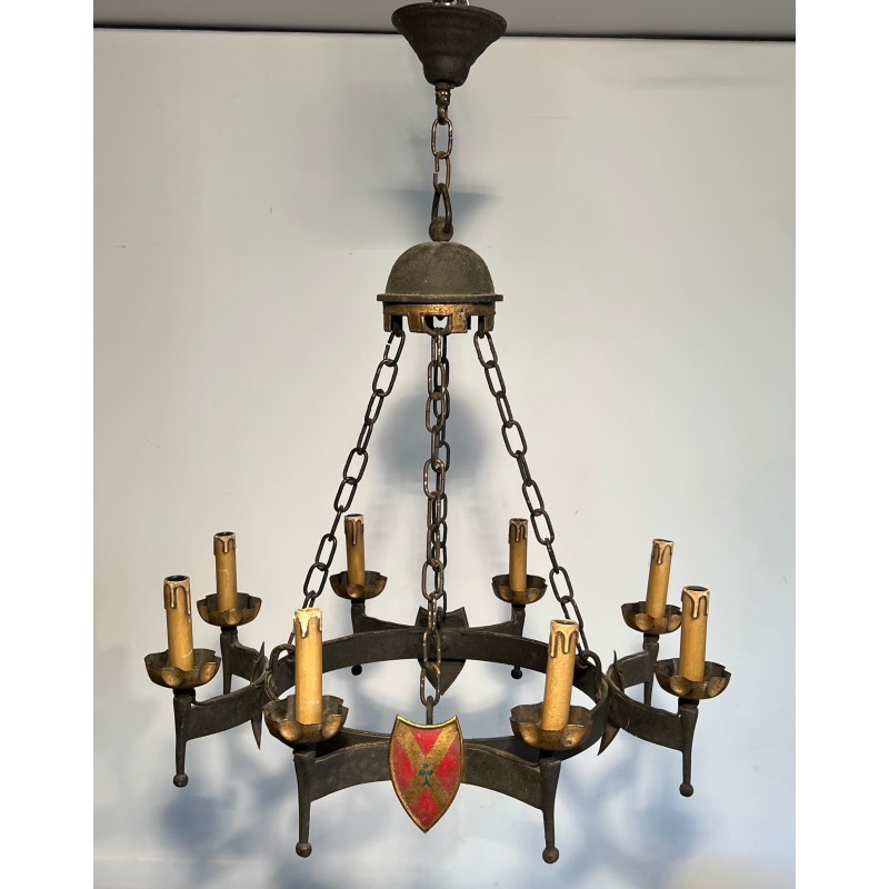 Lustre en Fer Forgé de Style Gothique à Huit Bras de Lumière et Blasons, Travail Français, Vers 1950