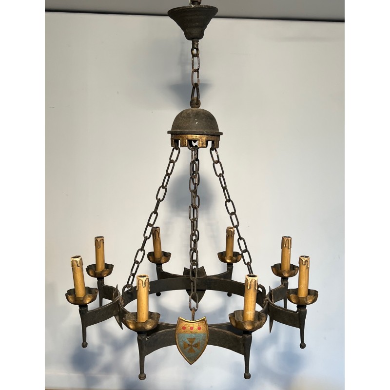 Gothic Style Wrought Iron Chandelier with Eight Arms of Light and Coats of Arms, French Work, Circa 1950