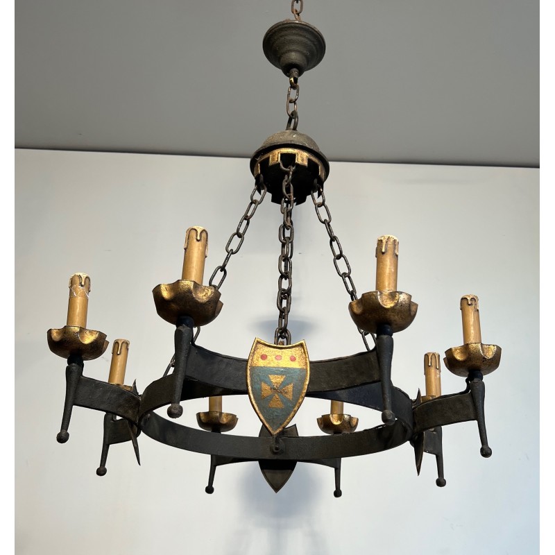 Gothic Style Wrought Iron Chandelier with Eight Arms of Light and Coats of Arms, French Work, Circa 1950