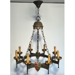 Gothic Style Wrought Iron Chandelier with Eight Arms of Light and Coats of Arms, French Work, Circa 1950