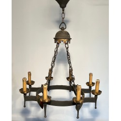 Gothic Style Wrought Iron Chandelier with Eight Arms of Light and Coats of Arms, French Work, Circa 1950
