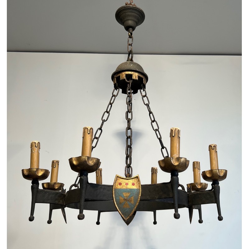Lustre en Fer Forgé de Style Gothique à Huit Bras de Lumière et Blasons, Travail Français, Vers 1950