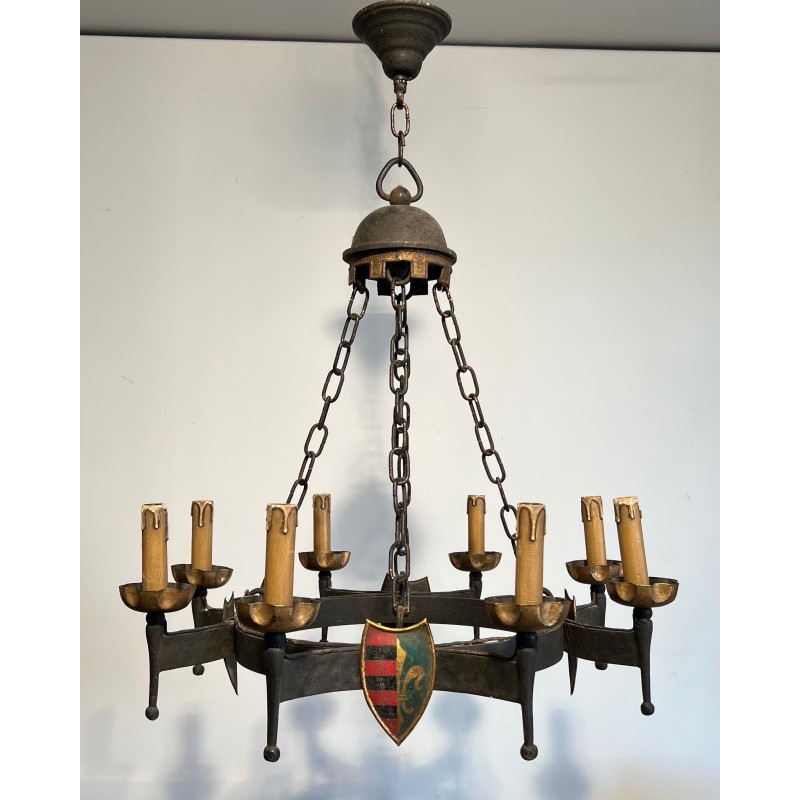 Gothic Style Wrought Iron Chandelier with Eight Arms of Light and Coats of Arms, French Work, Circa 1950