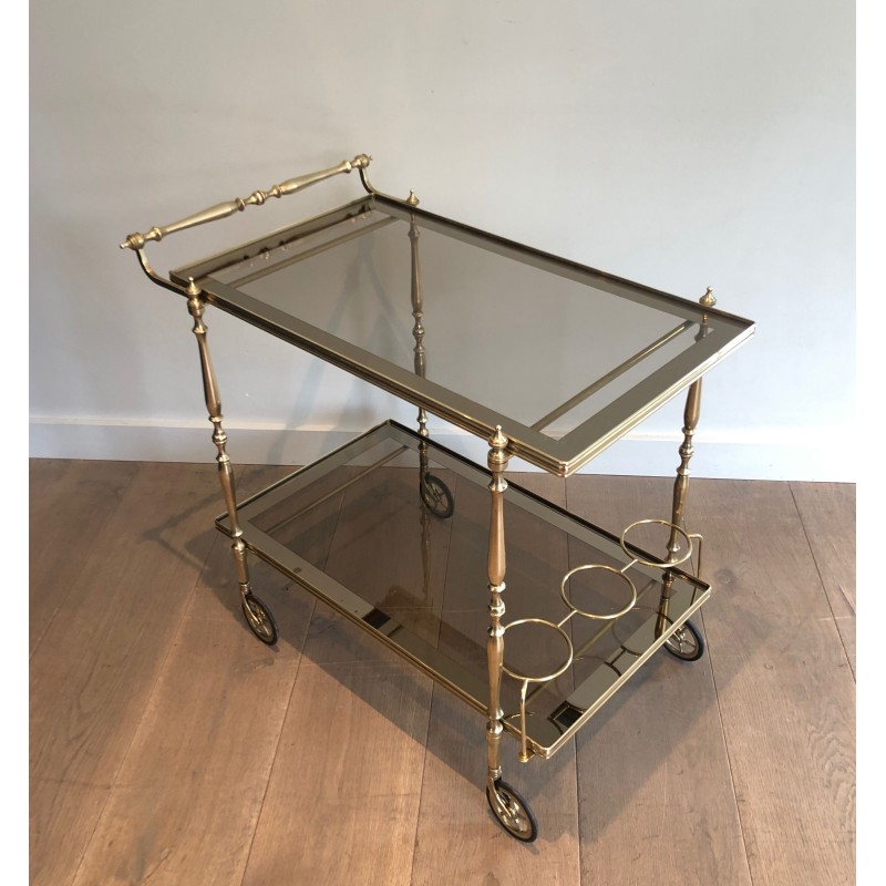 Table Roulante de Style Néoclassique en Laiton et Verres Fumés, Travail Français, Vers 1970