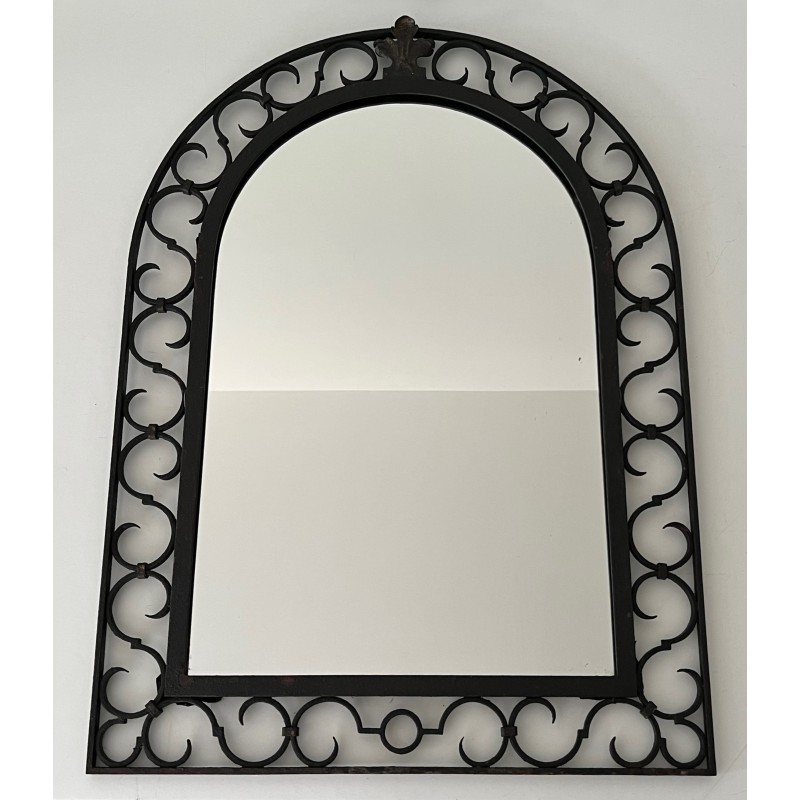Wrought Iron Mirror with Arched Top and Gilt Acanthus Leaf, French Work, Circa 1940