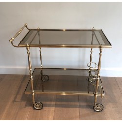 Neoclassical Style Brass and Smoked Glass Drinks Trolley, French Work, Circa 1970