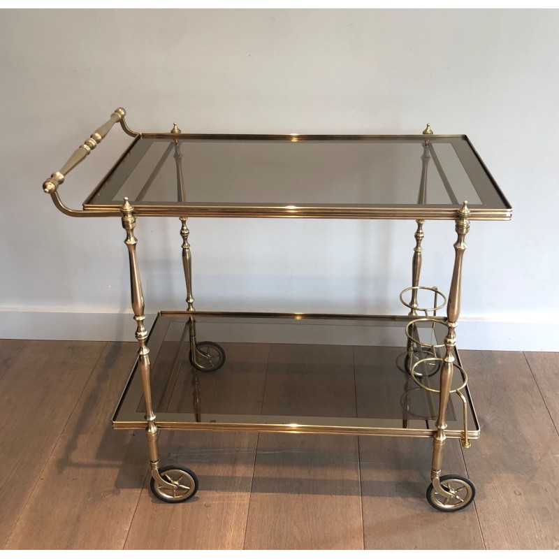 Neoclassical Style Brass and Smoked Glass Drinks Trolley, French Work, Circa 1970
