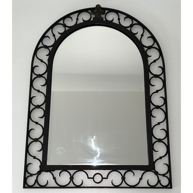 Wrought Iron Mirror with Arched Top and Gilt Acanthus Leaf, French Work, Circa 1940