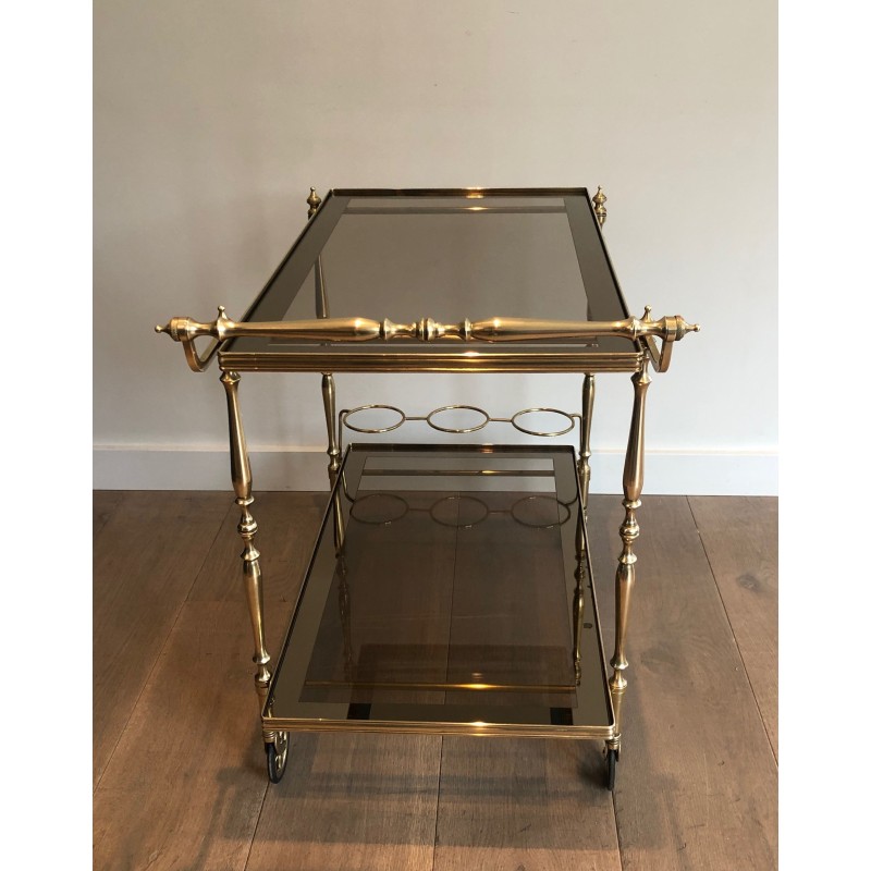 Neoclassical Style Brass and Smoked Glass Drinks Trolley, French Work, Circa 1970