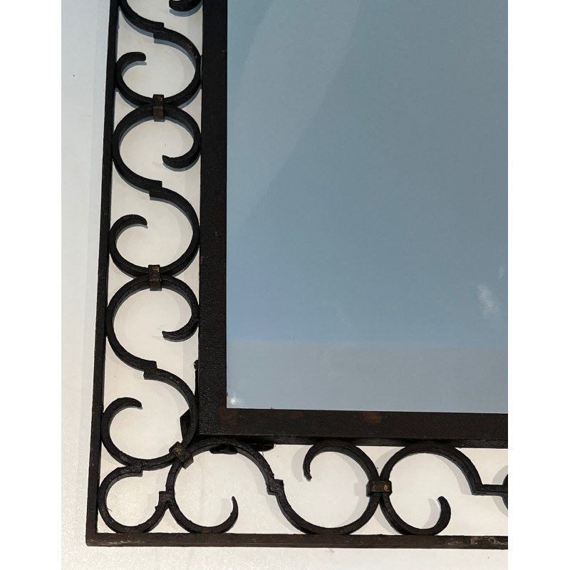 Wrought Iron Mirror with Arched Top and Gilt Acanthus Leaf, French Work, Circa 1940