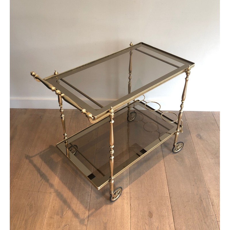Neoclassical Style Brass and Smoked Glass Drinks Trolley, French Work, Circa 1970