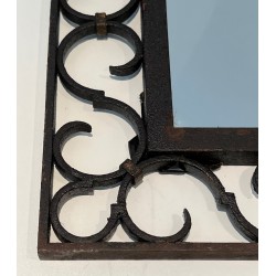 Miroir en Fer Forgé à Sommet Arrondi et Feuille d'Acanthe Dorée, Travail Français, Vers 1940