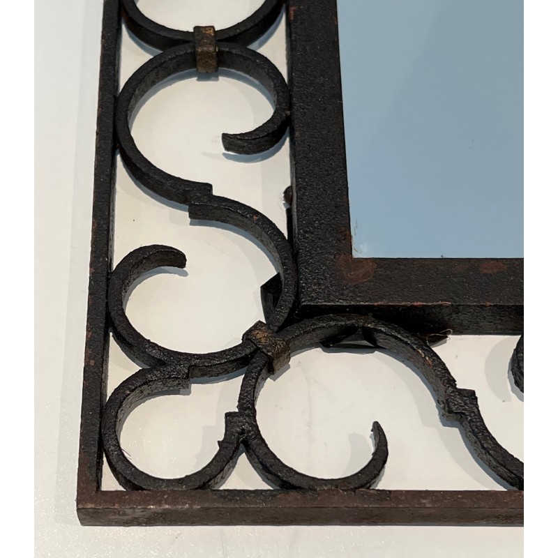 Wrought Iron Mirror with Arched Top and Gilt Acanthus Leaf, French Work, Circa 1940