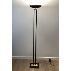 Black Lacquered Metal and Brass Halogen Floor Lamp, French Work, circa 1970 | Maison BARROIS