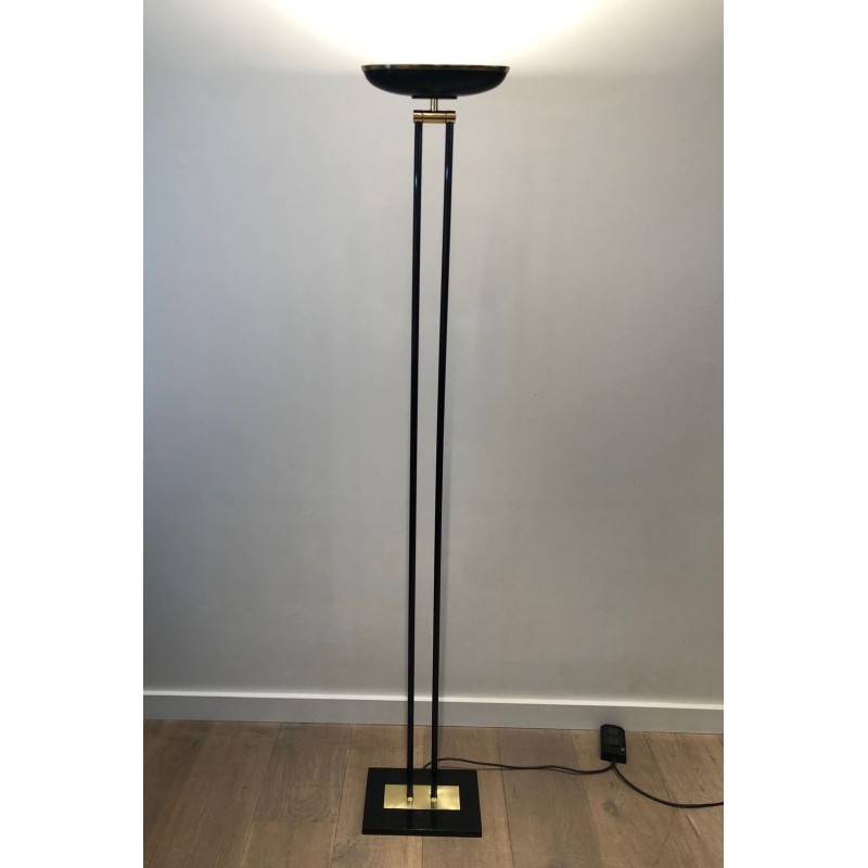 Black Lacquered Metal and Brass Halogen Floor Lamp, French Work, circa 1970 | Maison BARROIS