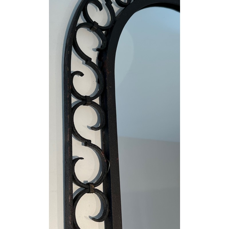 Wrought Iron Mirror with Arched Top and Gilt Acanthus Leaf, French Work, Circa 1940