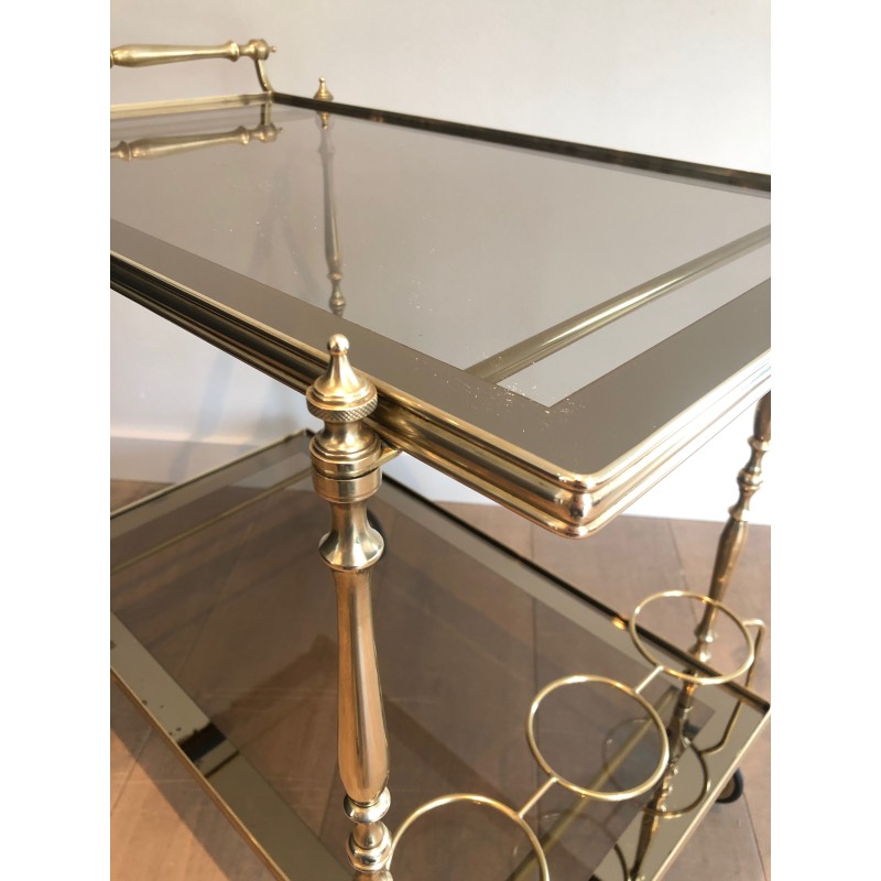 Table Roulante de Style Néoclassique en Laiton et Verres Fumés, Travail Français, Vers 1970