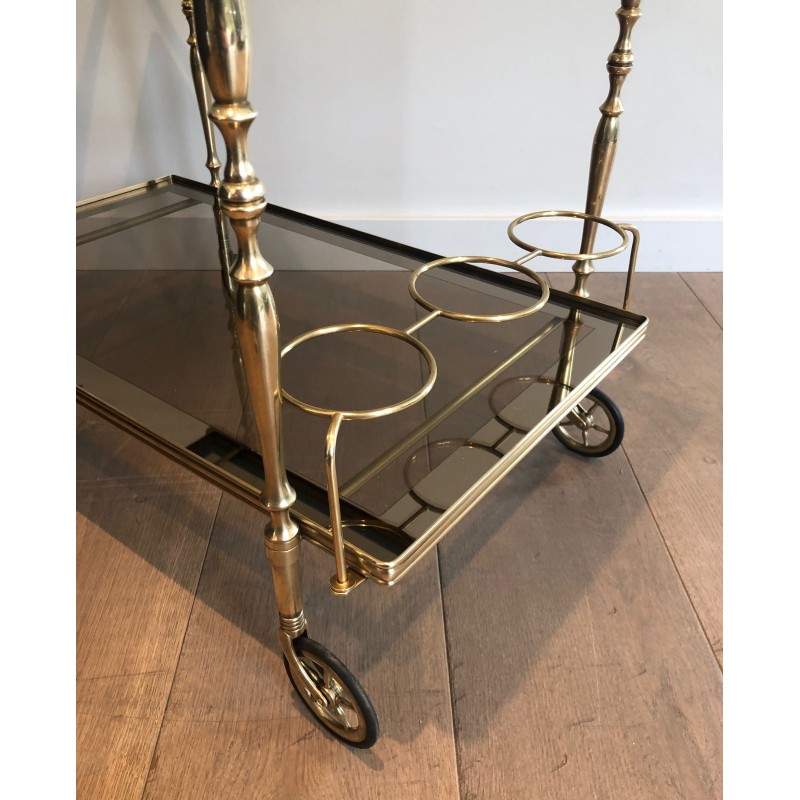 Neoclassical Style Brass and Smoked Glass Drinks Trolley, French Work, Circa 1970
