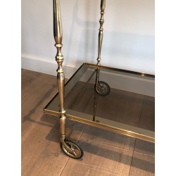 Table Roulante de Style Néoclassique en Laiton et Verres Fumés, Travail Français, Vers 1970