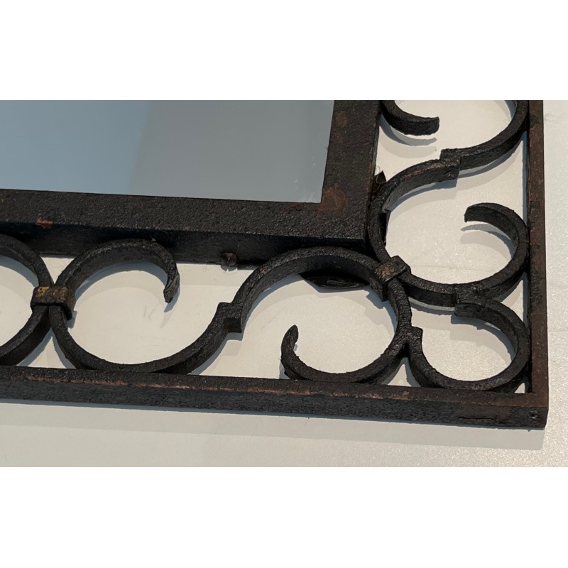 Wrought Iron Mirror with Arched Top and Gilt Acanthus Leaf, French Work, Circa 1940