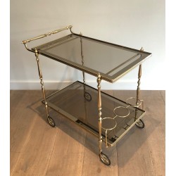 Table Roulante de Style Néoclassique en Laiton et Verres Fumés, Travail Français, Vers 1970