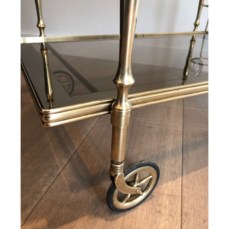 Table Roulante de Style Néoclassique en Laiton et Verres Fumés, Travail Français, Vers 1970