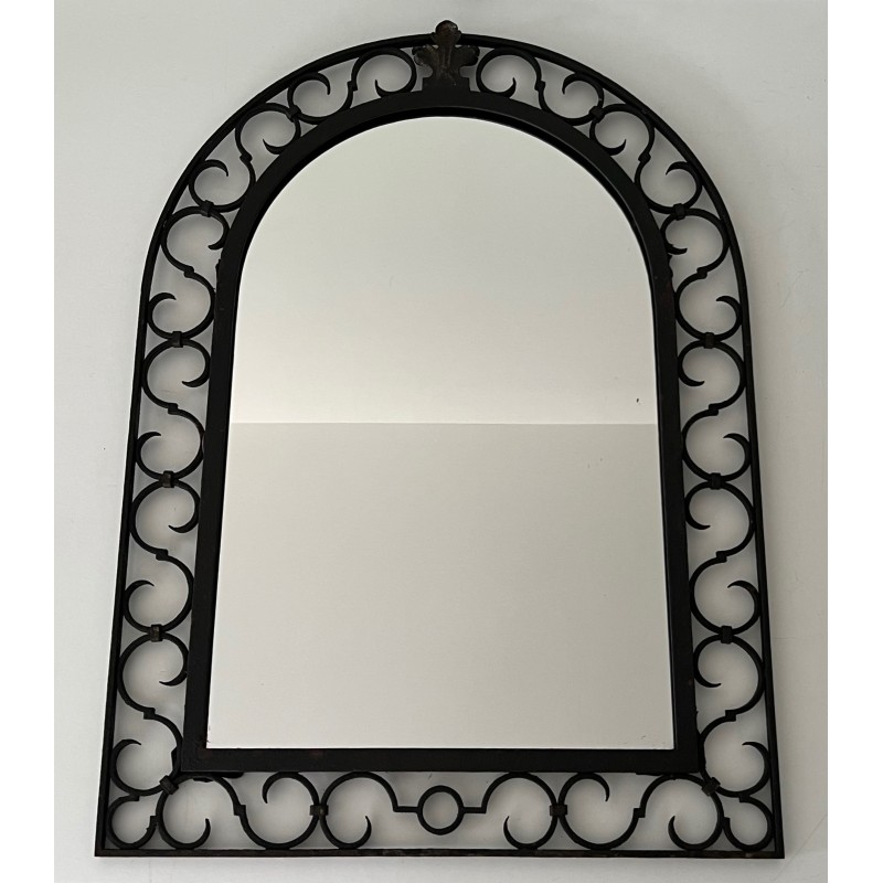 Miroir en Fer Forgé à Sommet Arrondi et Feuille d'Acanthe Dorée, Travail Français, Vers 1940