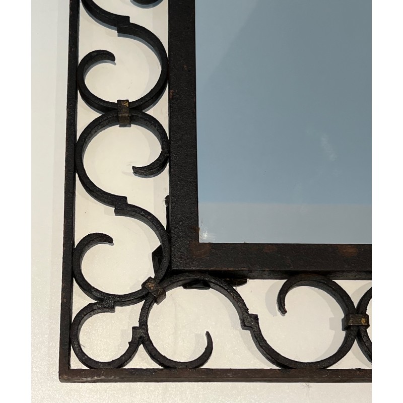 Wrought Iron Mirror with Arched Top and Gilt Acanthus Leaf, French Work, Circa 1940