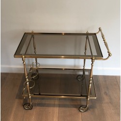 Table Roulante de Style Néoclassique en Laiton et Verres Fumés, Travail Français, Vers 1970