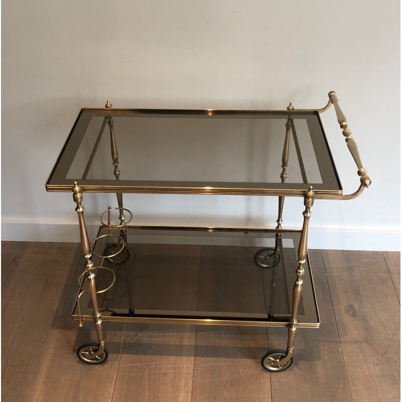 Neoclassical Style Brass and Smoked Glass Drinks Trolley, French Work, Circa 1970