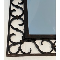 Miroir en Fer Forgé à Sommet Arrondi et Feuille d'Acanthe Dorée, Travail Français, Vers 1940