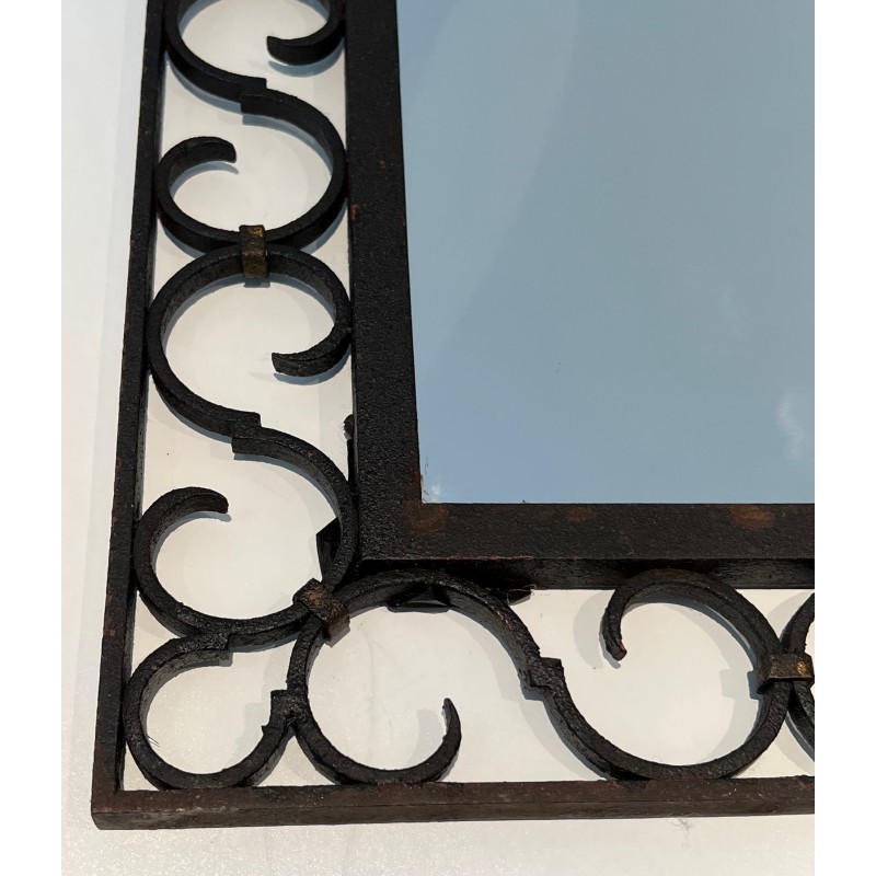 Wrought Iron Mirror with Arched Top and Gilt Acanthus Leaf, French Work, Circa 1940